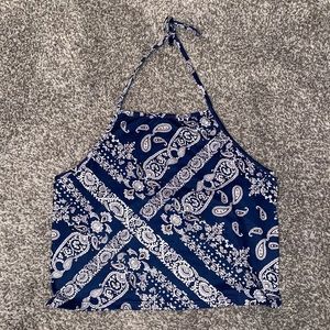 Blue and white paisley print top